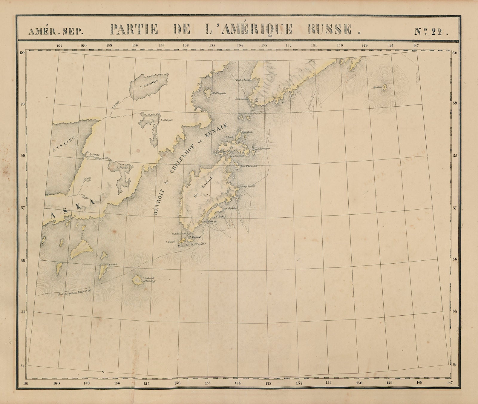 Amér. Sep. Partie de l'Amérique Russe #22. Alaska Kodiak. VANDERMAELEN 1827 map